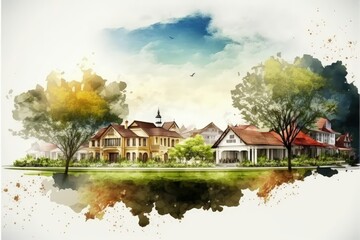 Obraz premium Countryside landscape depicting old houses amidst nature in watercolor style. Fantasy concept , Illustration painting. Generative AI