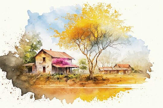 Countryside landscape depicting old houses amidst nature in watercolor style. Fantasy concept , Illustration painting. Generative AI