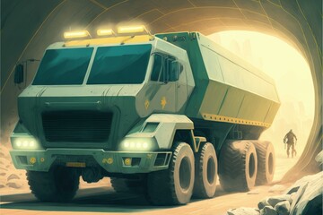 Futuristic truck armed with weapons moving through high-tech tunnel Fantasy concept , Illustration painting. Generative AI