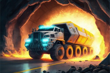 Futuristic truck armed with weapons moving through high-tech tunnel Fantasy concept , Illustration painting. Generative AI