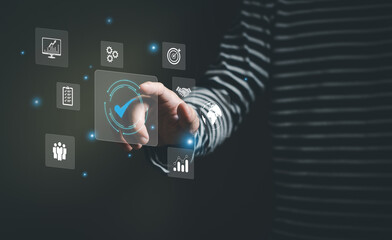 Entrepreneur point at certificate icon that show top service quality standard in business or commercial service certification. Quality assurance formal concept in organization.