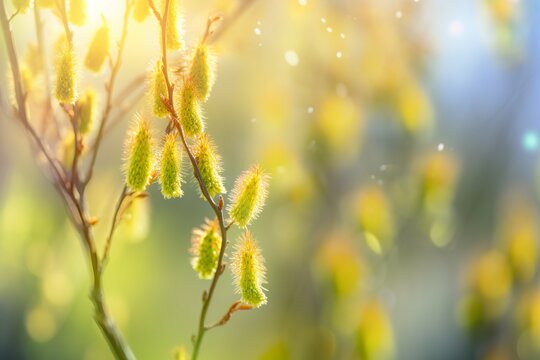 art Nature Spring background with blooming willow from generative ai
