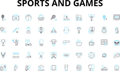 Sports and games linear icons set. Football, Basketball, Tennis, Hockey, Rugby, Soccer, Baseball vector symbols and line concept signs. Volleyball,Golf,Swimming illustration