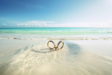 Fototapeta na wymiar Beach with flowers and hearts.Honeymoon travel concept. from generative ai