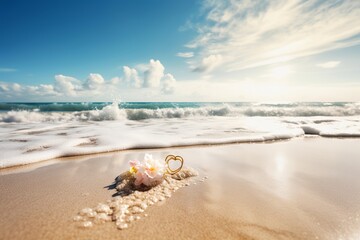 Beach with flowers and hearts.Honeymoon travel concept. from generative ai