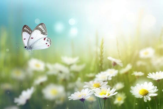 Beautiful spring meadow with white butterfly flowers. from generative ai