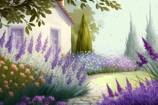 Summer or spring beautiful garden with lavender from generative ai