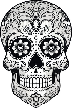 Sugar Skulls. Day of the Dead Skull, isolated on white background. Dia de los Muertos. Mexican sugar skull. Design element for logo, emblem, sign, poster, card, banner. Vector illustration. Black