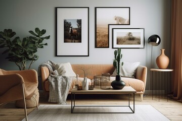 A stylish living room with wooden retro furniture, plants, and elegant personal accessories. Mockup poster frame on the wall. Generative AI