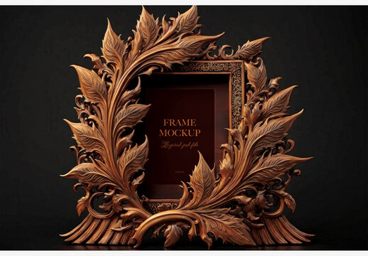 Leafy Wooden Frame With Dark Background For Elegant Displays - Perfect For Home Decor And Photo Projects Frame Mockup Template Generative AI