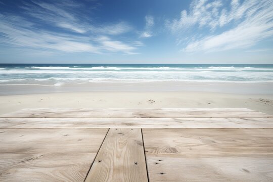 Sea sand beach background art with white wood panel from generative ai