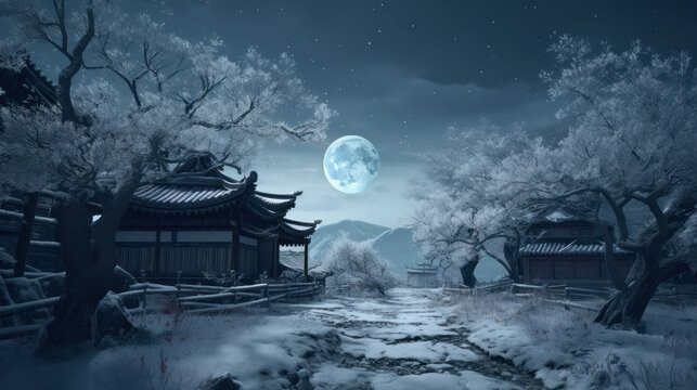landscape with snow house in the eastern village. Fabulous night view with full moon. Winter wonderland with footprints in the snow. Generative AI