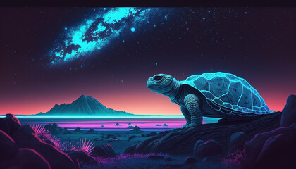 a cute blue shining turte in space, milkyway in background, generative ai technology