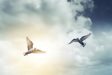 Two birds flying in the sky, sky background from generative ai