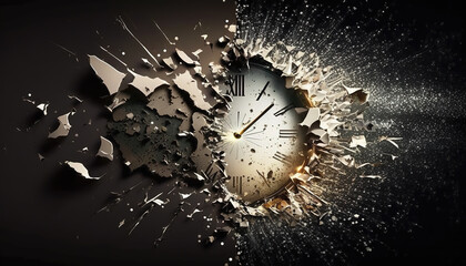 a clock is exploding, slow motion scenerey, no time left, generative ai technology