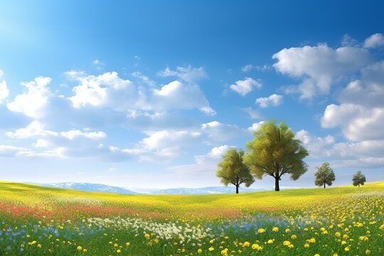 Spring landscape with blooming flowers from generative ai