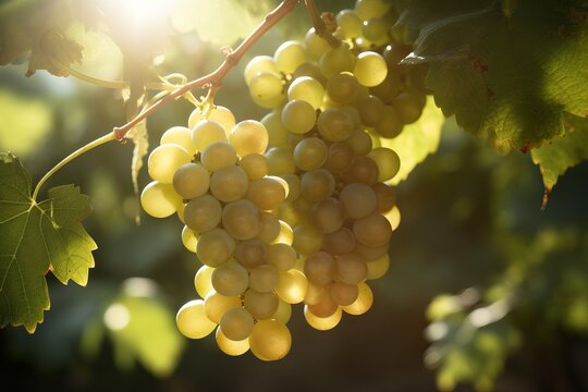 White wine grapes on vine beautifull sunlight from generative ai