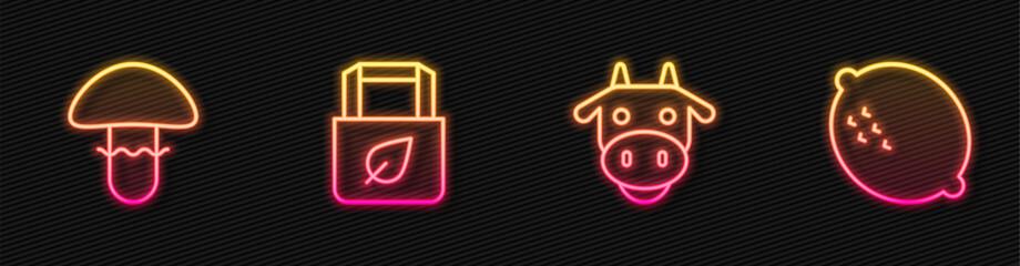 Set line Cow head, Mushroom, Shopping bag with recycle and Lemon. Glowing neon icon. Vector