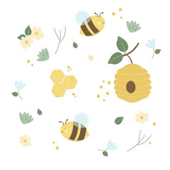 sweet set with bee, flowers, leaves, honey