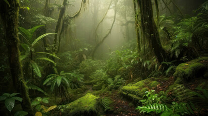 Fototapeta premium impenetrable rainy forest with misty haze. Generative AI