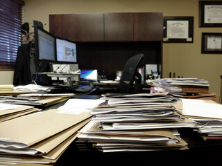 Lawyer Messy Office Desk with Files and Papers Computer