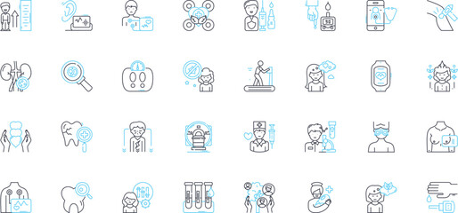 Medical coordination linear icons set. Collaboration, Integration, Communication, Synergy, Nerking, Coherence, Coordination line vector and concept signs. Streamlining,Efficiency,Unity outline