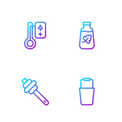 Set line Sauna bucket, Honey dipper stick, thermometer and Essential oil bottle. Gradient color icons. Vector