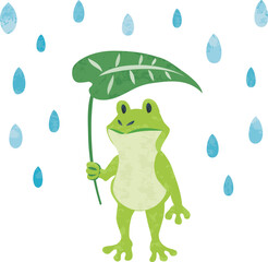 6月　梅雨　雨粒と葉っぱを持ったカエルのイラスト