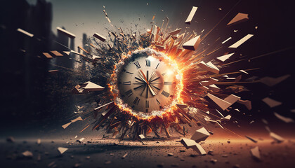 a clock exploding, time is running, generative ai technology - obrazy, fototapety, plakaty