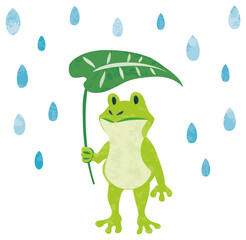 6月　梅雨　雨粒と葉っぱを持ったカエルのイラスト