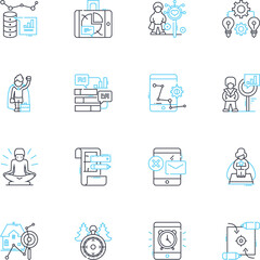Marketing plan linear icons set. Strategy, Budget, Goals, Research, Tactics, Targeting, Branding line vector and concept signs. Channels,Audience,Positioning outline illustrations