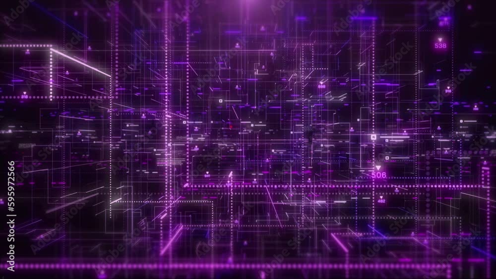 Aufkleber Abstract technology background of digital big data simulation code, speed flicking, running line signal, hud interface system analysis dashboard 4K motion loop background.