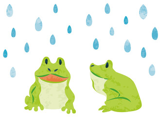 6月　梅雨　雨粒とカエルのイラスト