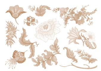 Fantasy flowers in art nouveau style, vintage, old, retro style. Clip art, set of elements for design. Vector illustration.