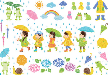 Plakat ６月　梅雨　傘をさす子どもたち　カエルや紫陽花などのイラスト素材セット　