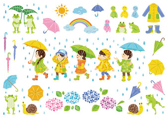 Obraz premium ６月 梅雨 傘をさす子どもたち カエルや紫陽花などのイラスト素材セット 