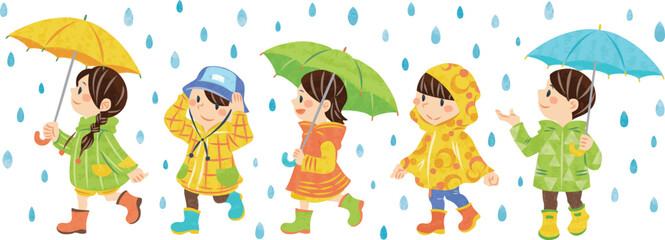 Obraz premium ６月 梅雨 傘をさす子どもたちのイラスト