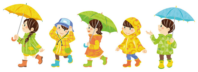 ６月　梅雨　傘をさす子どもたちのイラスト - obrazy, fototapety, plakaty