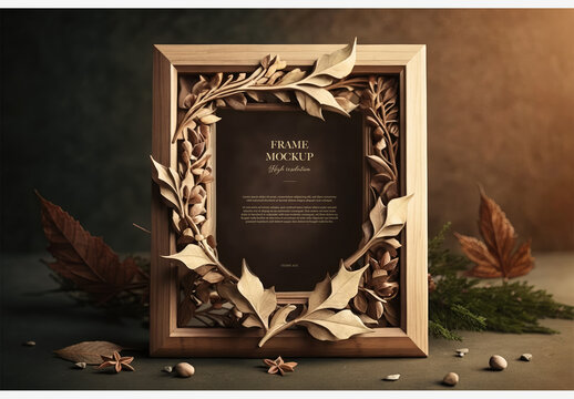 Charming Wooden Frame With Festive Leaf And Berry Design And Star Decorations - Perfect For Holiday Cards And Crafts Frame Mockup Template Generative AI