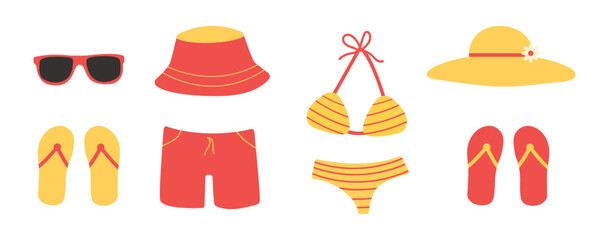 Vector illustration with beach accessories in a flat style. Flip-flops, sunglasses, shorts, swimsuit, hat