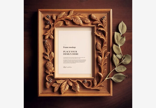 Natural Wood Frame With Leaves And Branches On Table Top - Perfect For Text Or Image, Top View Of Wooden Frame With Copy Space On Wooden Background - Ideal For Text Or Image Frame Mockup Template G