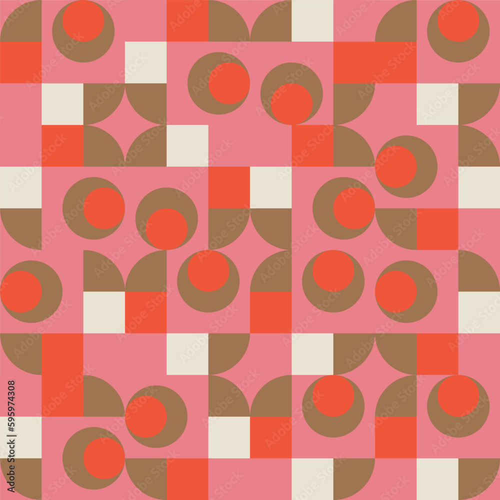 Poster Modern vector abstract  geometric background with circles, rectangles and squares  in retro scandinavian style. Pastel colored simple shapes graphic pattern. Abstract mosaic artwork.