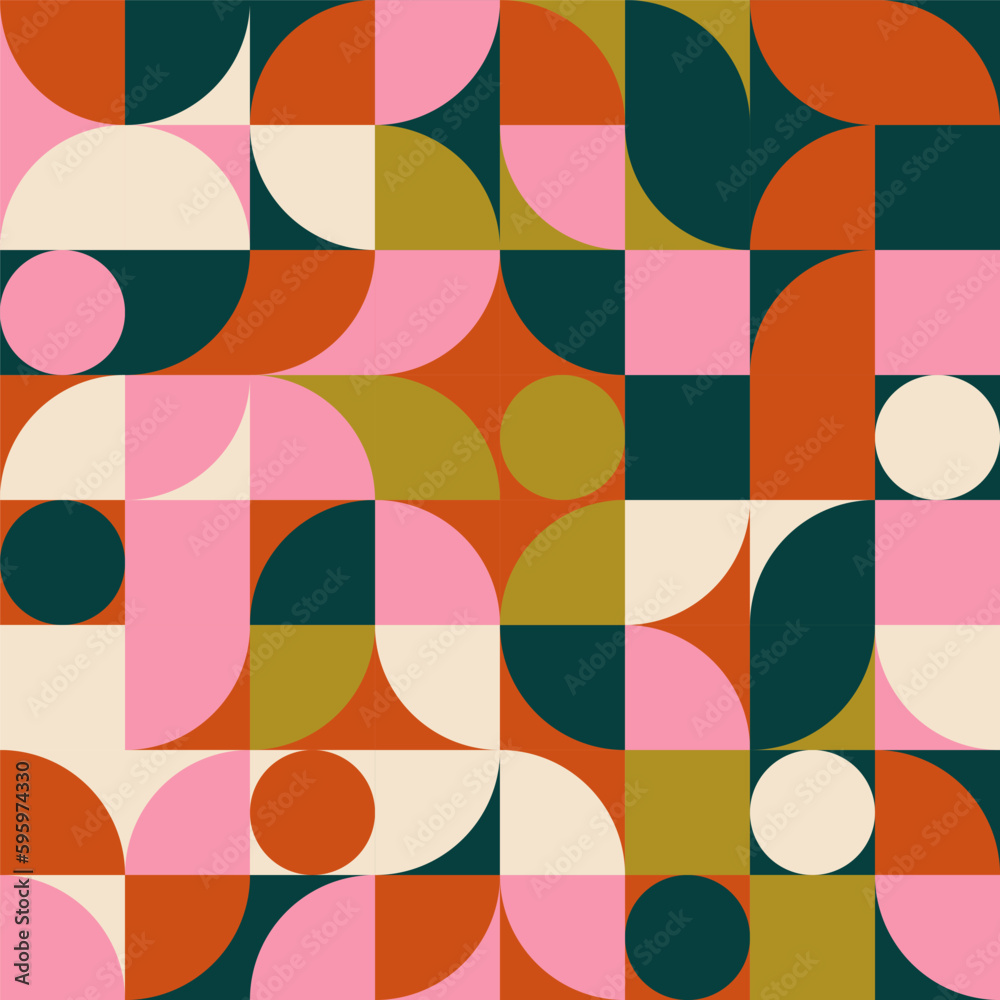 Poster Retro geometric aesthetics. Bauhaus and avant-garde inspired vector background with abstract simple shapes like circle, square, semi circle. Colorful pattern in nostalgic pastel colors.