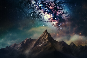 Fototapeta na wymiar Mountains on the background of the Milky Way, flying pegasus. Created with generative technology.