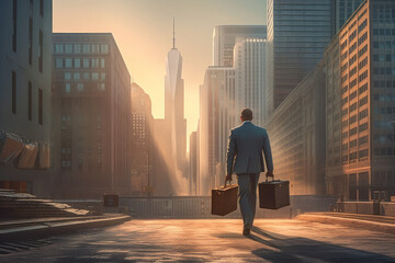 Obraz premium Businessman walking with briefcase in front of modern city at sunset. Generative AI