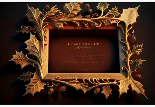 Christmas Holly And Berries Wooden Frame With Red Square Center On Black Background - Festive Holiday Stock Photo Frame Mockup Template Generative AI