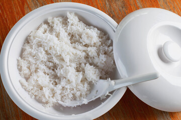 steamed rice, healthy vegetarian food,wooden floor