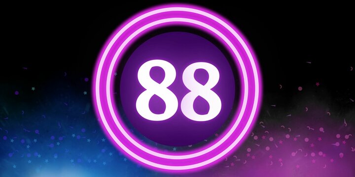 Number 88. Banner with the number eighty eight on a black background and blue and purple details with a circle purple in the middle