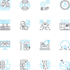 Information system linear icons set. Database, Integration, Analytics, Access, Automation, Collaboration, Connectivity line vector and concept signs. Support,Development,Security outline illustrations