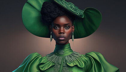 Black woman wearing green high fashion clothing, Generative ai fashion portrait